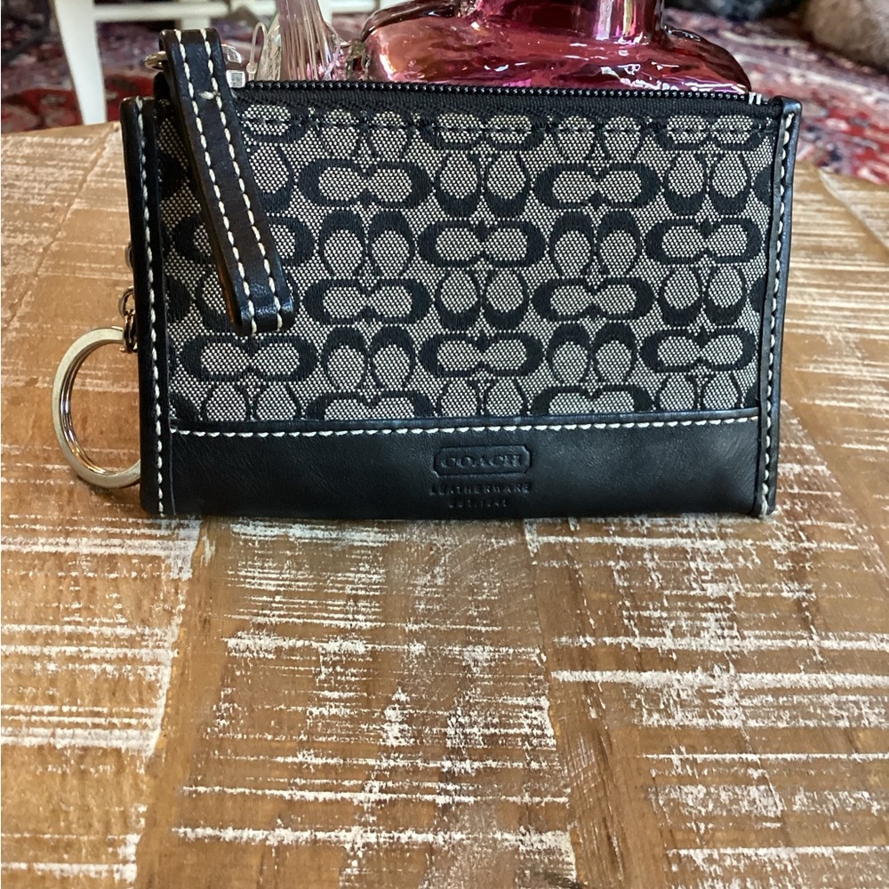 COACH, Black Mini C monogram canvas and leather credit card holder and key chain